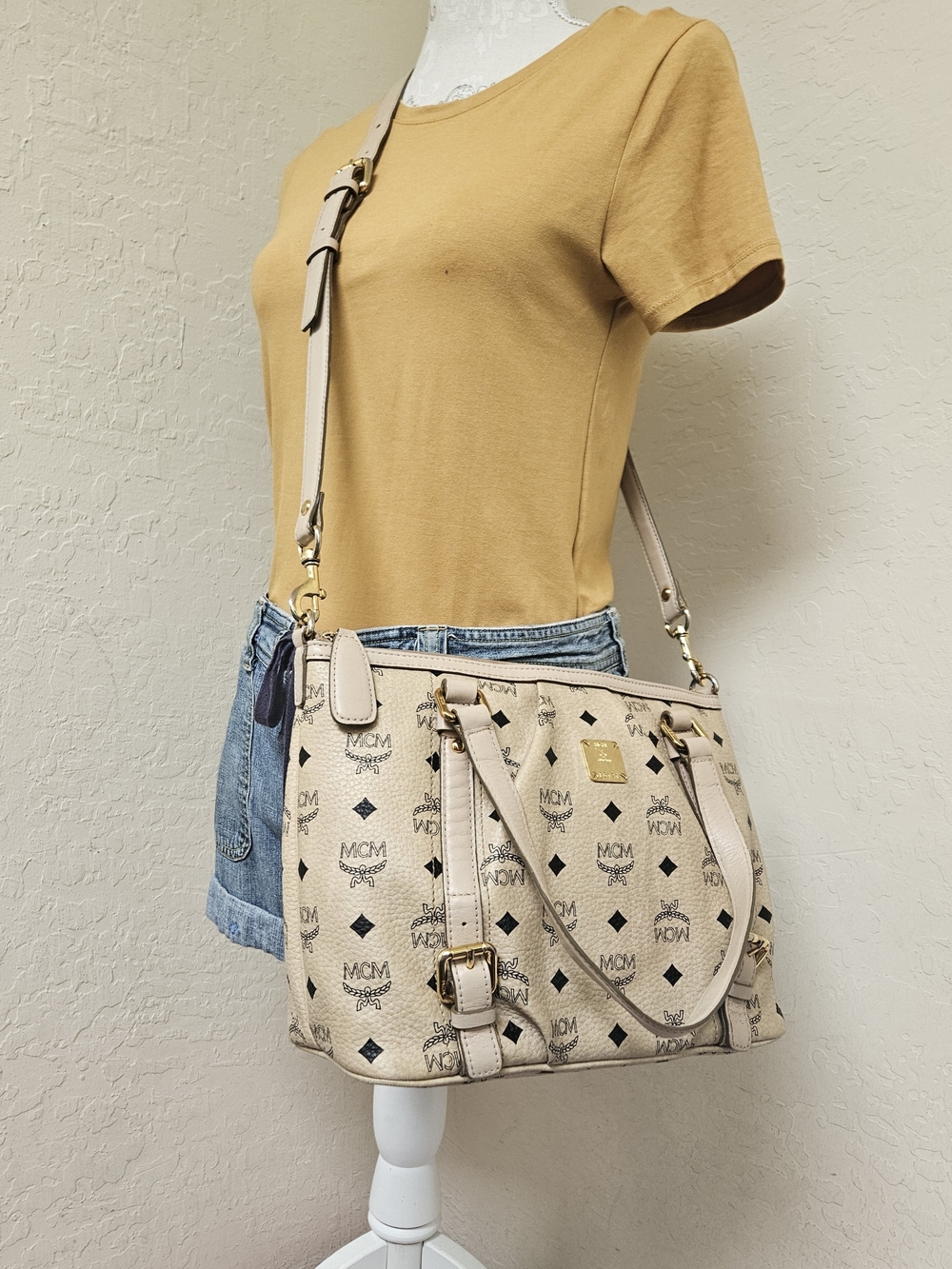 MCM Cream Two Way Handle Small Tote Bag AUTHENTIC